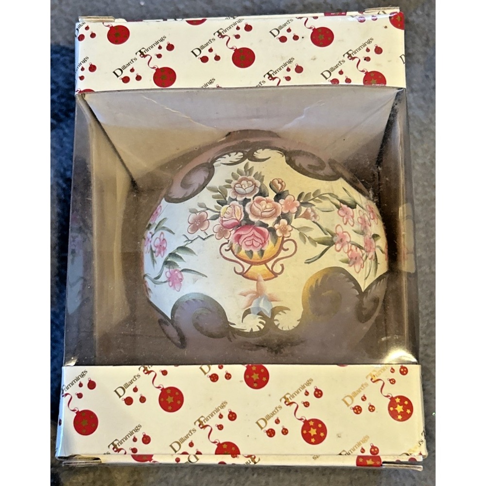 Vtg Dillards Trimmings Glass Ornament Painted Pink Flowers Cream Gold 4.5"×4"